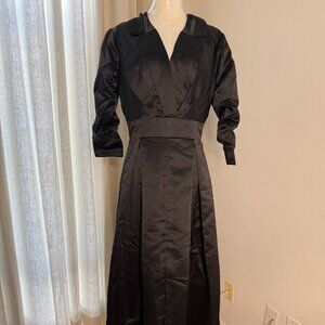 NEW Black Heavy Satin Collared Old Hollywood Vintage Long Dress Gown